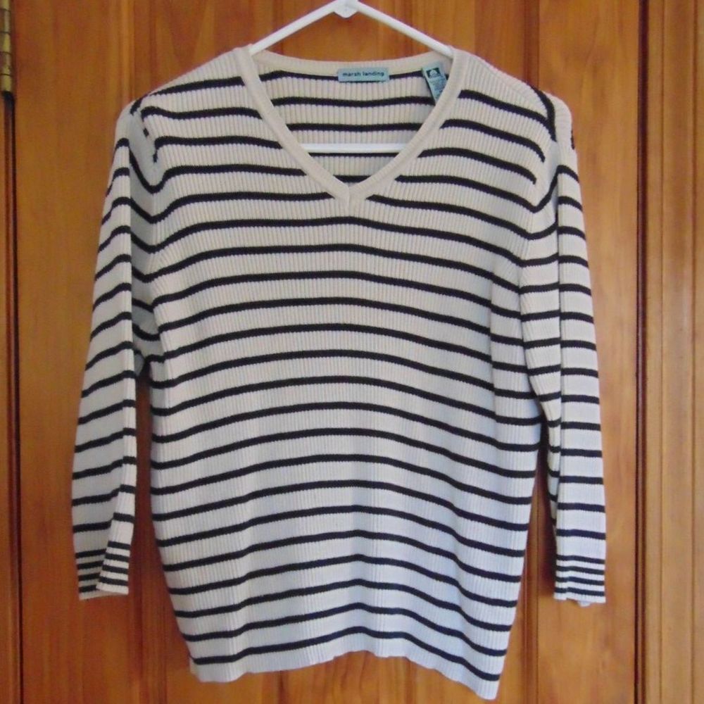 Marsh Landing PL V-Neck Sweater 100% Cotton Cream w/Black Stripes 3/4 Sleeve